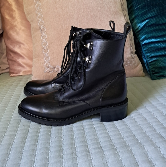 Vintage NAPOLEONI Black Leather Combat Moto Boots Zip Lace Up Italian Size 40 - Picture 1 of 13